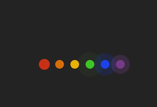 Animation of six rainbow colored circles emitting a pulse one after the other.
