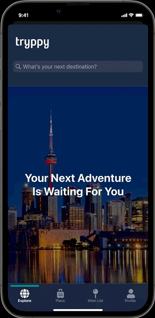 GIF of the Explore screen of the final iteration for tryppy.