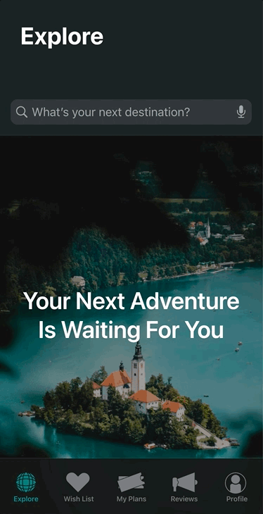 GIF of the High Fidelity protoype of the tryppy Explore screen and trip planning screen.