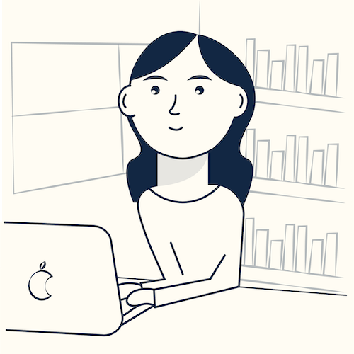 Illustration of a woman sitting at a desk with a laptop